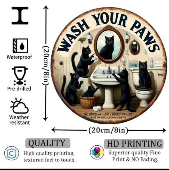 Home bath decor black cats in bathroom Wash Your Paws circular metal wall sign - Picture 3 of 4